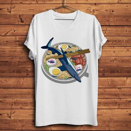 Ramen shark funny Japan style anime t shirt men summer new white casual tshirt unisex manga short sleeve streetwear tee