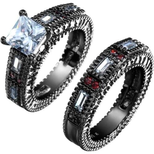 Hainon Fashion Black Gold Color Ring Sets for Women 2PCS Rings Clear And Red Cubic Zirconia Finger Engagement Rings Jewelry