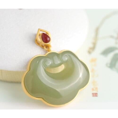 Hetian Jade Lock of Good Wishes National Fashion S925 Sterling Silver Gilding Gray Jade Longevity Lock Pendant Safety Lock Neckl