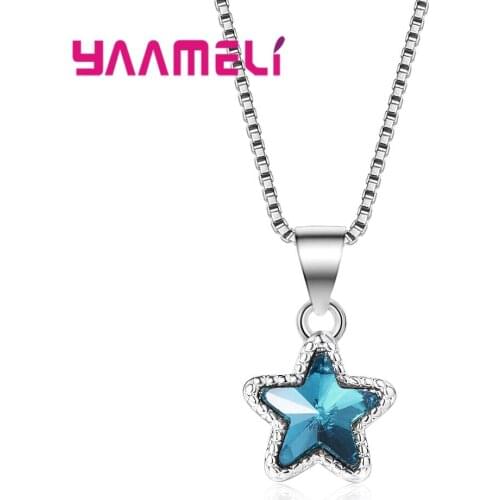 Fine 925 Sterling Silver Pendant Necklaces with Box Chain Shining Blue CZ Crystal Stars Design Gift Chokers Jewelry