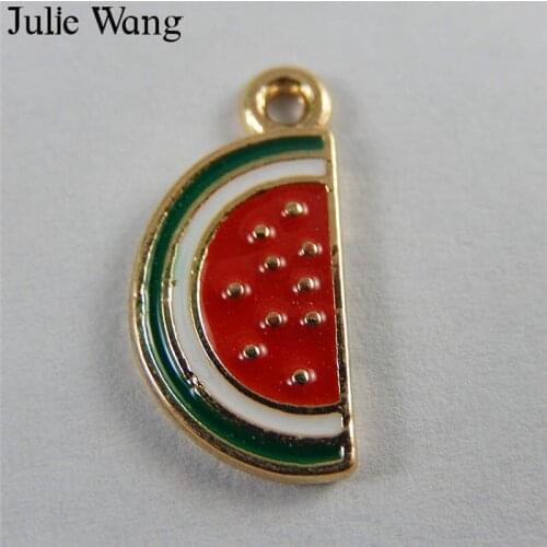 Julie Wang 10PCS Enamel Red Watermelon Fruit Gold Tone Charms Pendant Earrings Keychain Findings DIY Jewelry Making Accessory