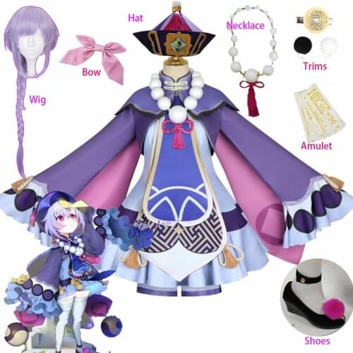 Project Qiqi Cosplay Costume Genshin Impact Zombie Girl Dress Hat Shoes Anime Wig Halloween Clothes Christmas Costume Women