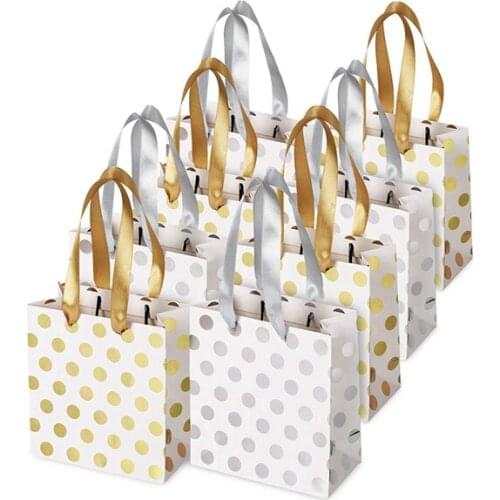 Small Gift Bags for Bridal,Wedding,Birthday,Christmas Holidays Graduation Wedding Showers,Small(Gold Silver Metallic Dots 8 Pack