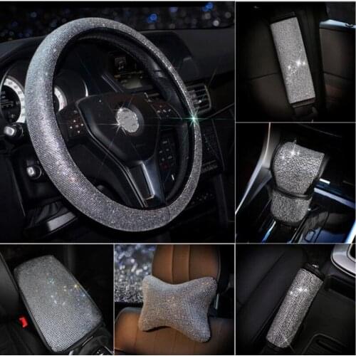 Car interior diamond handbrake gear seat belt shoulder pads hot drill grip cover ladies full rhinestones head pillow for women