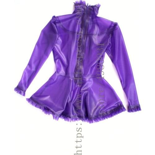 Novelty latex dress Zentai womens latex dress mini with ruffles decoration with back zip in purple color