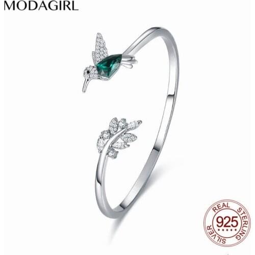 MODAGIRL 925 Sterling Silver Sparkling Green Crystal Hummingbird Open Bangle Bracelet with Zircon Leaf Women Jewelry
