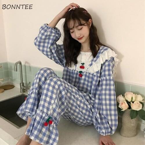 Pajama Sets Women Autumn Sleepwear Lace Square Collar Long Sleeve Plaid Sweet Cute Students Girls Kawaii Loose Home Female New