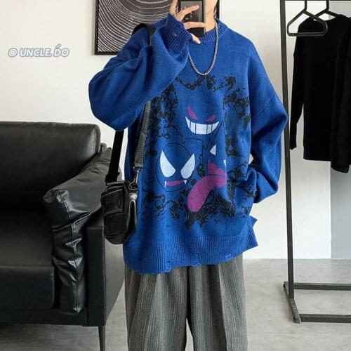 Kpytomoa Harajuku Pullover Sweater Oversized Japanese Anime Cartoon Style Men and Women Print Knitted Sweater Couple Outfit