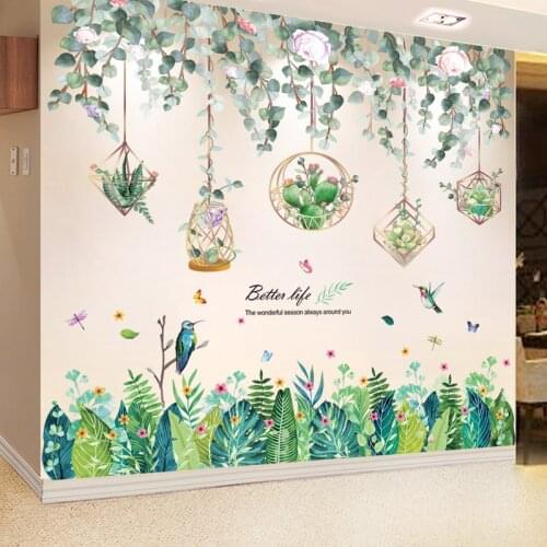 [shijuekongjian] Green Plants Leaves Wall Stickers DIY Grass Birds Wall Decals for Living Room Nursery Kitchen House Decoration