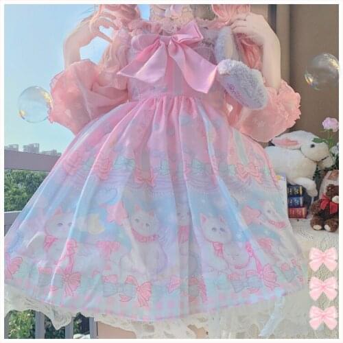 Victorian Vintage Women Sleeveless Bowknot Princess Party Dresses Dream Cat Print Girls Japanese Sweet Kawaii Jsk Lolita Dress