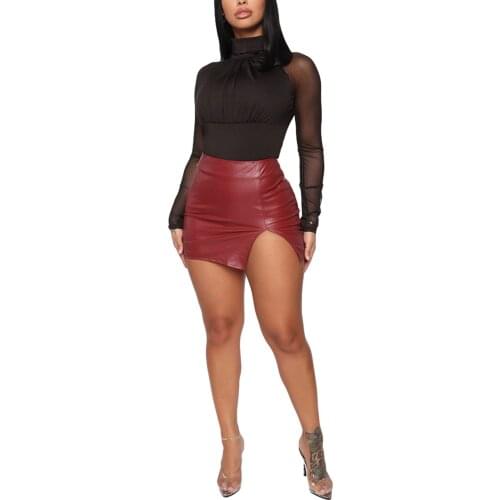 2021 Women Fashion High Waist Split Skirt Stylish PU Leather Zipper Skirt for Ladies Female Skirts Summer Sexy