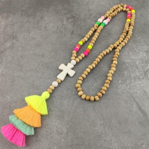 New Bohemian Necklace Handmade Stones Cross Tassels Wood Beads Necklace Long Women Jewelry Gifts