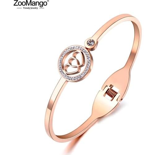 ZooMango Romantic Stainless Steel Double Love Rhinestone Wedding Bangle Bracelets Jewelry For Women Anniversary Day Gift ZB19033
