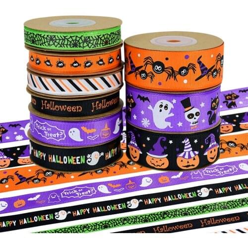 10Yards 10-25mm Halloween Grosgrain Ribbons Happy Halloween Pumpkin Ghost Printed Satin Ribbon For Halloween Gifts Packing Decor