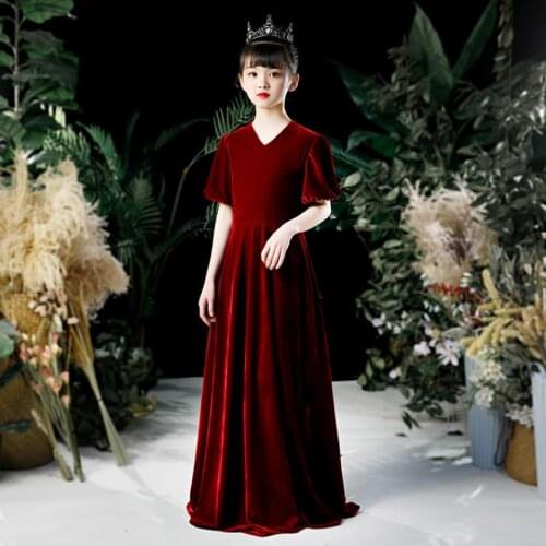 2020 New Elegant Girls Princess Dress Flower Girl Birthday party Catwalk Gowns Wine red Kids Piano Costume Dress For girls Y2837