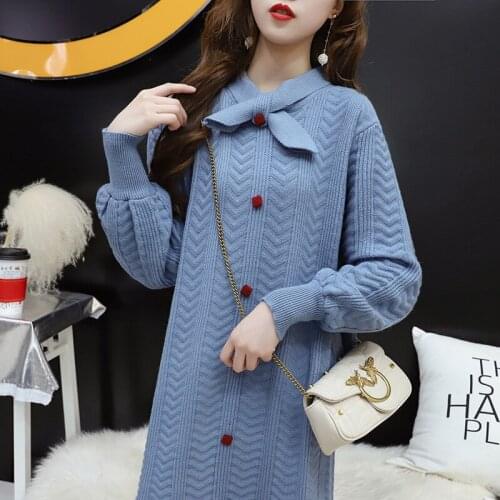 2021 New Style sweater blue black beige button bow collar midi sweater dress autumn knitted elegant long puff sleeve stragiht