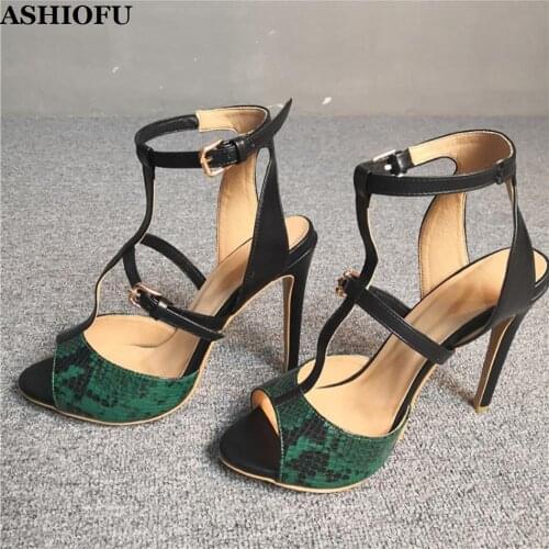 ASHIOFU Real Picture Women Stiletto Heel Sandals Patchwork Leather Summer Shoes Party Prom Large Size Fashion Sandals Shoes