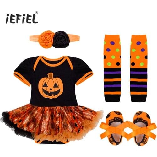 Baby Infant Girls Halloween Pumpkin Outfits Romper with Headband Leg Warmer Shoes SZ 0-12 Months