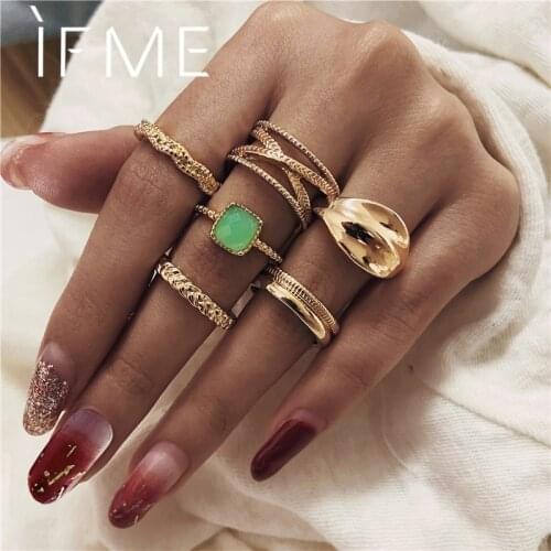 IF ME Bohemian Green Stone Paved Hands Finger Rings Sets for Women Vintage Carve Metal Infinity Knuckle Joint Rings Jewelry New