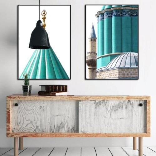 European Blue Architectural Landscape Painting Canvas Waterproof Ink Printing Minimalist Style Frameless Decorative Painting