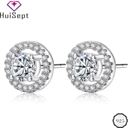 HuiSept Trendy Silver 925 Earrings for Women Jewelry Ornaments Round Shape Zircon Gemstone Stud Earrings Wedding Party Wholesale