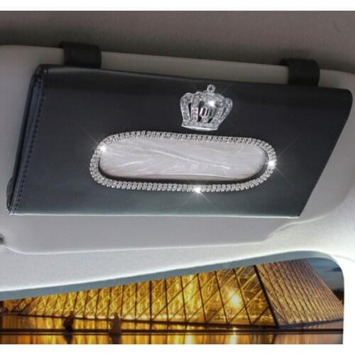 Fashion Crown Crystal Car Tissue Box Sun Visor Leather Auto Tissue Bag Sunvisor Hanging Holder Case Napkin For Car Accessories