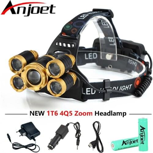 Anjoet Rechargeable 13000lm 5led T6 Zoomable headlight headlamp Hunting lamp fishing Bike light+18650 Battery Car AC USB Charger