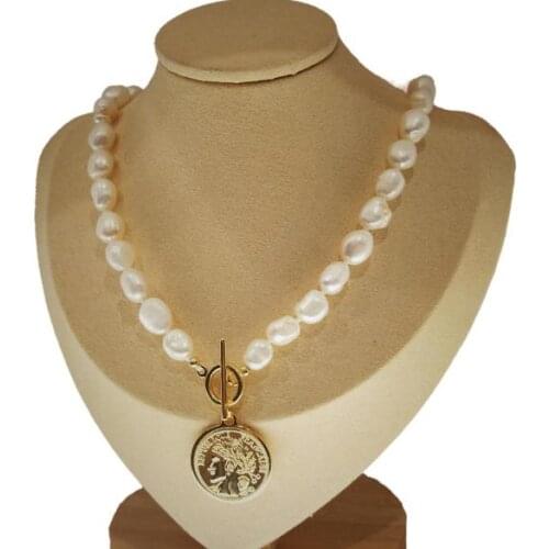 New Natural White Baroque Pearl Necklace Gold Color Fashion Style Coin Charm Choker Necklace For Women Girl Jewelry Gift
