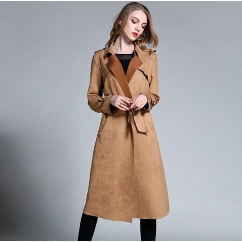 Plus Size Womens Long Trench Coat Fashion Ladies New Winter Suede Fabric Coat Adjustable Waist Womens Coat XL -4XL