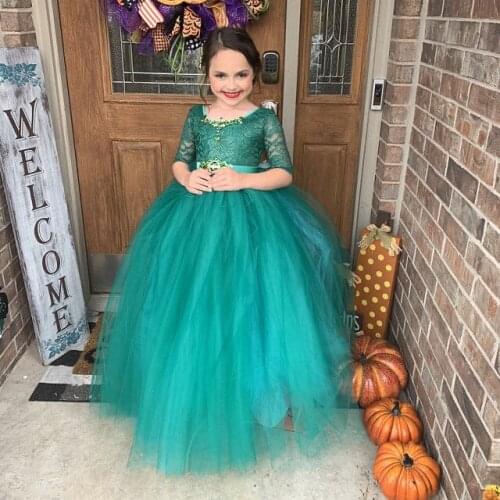 Long sleeve green princess ball gowns puffy half sleeve lace dresses ball gowns green girls lace dress for birthday party custo