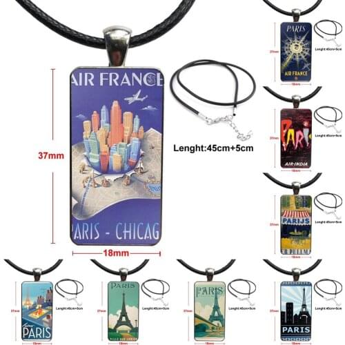 For Women Kids Gift Famous Scenery Paris Travel Poster Glass Cabochon Choker Pendant Rectangle Necklace Steel Color Jewelry
