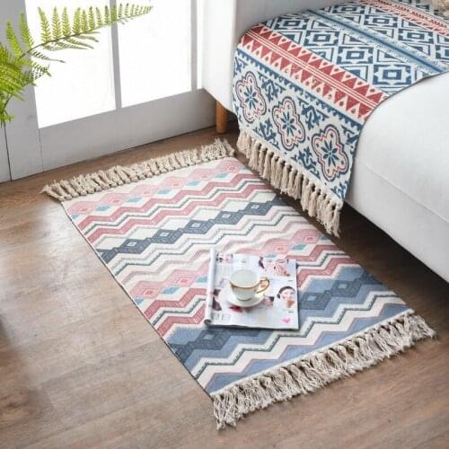 Retro Bohemian Rug Hand Woven Cotton Linen Area Rugs Girls Room Rug Geometric Floor Mat Living Room Bedroom Carpet Home Decor