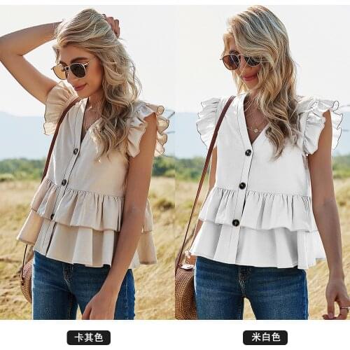 2021 summer short lotus sleeve womens V-neck single breasted shirt office work shirt solid casual Vintage shirt