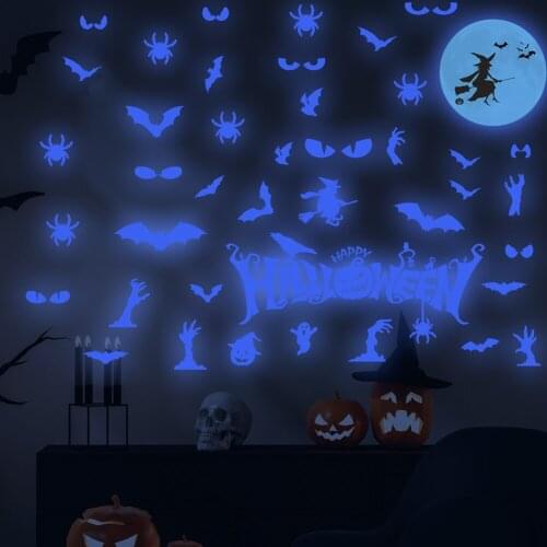 Halloween Glow-In-The-Dark Bat Witch Ghost Hand Spider Ghost Moon Combination Fluorescent Luminous Wall Stickers Home Decoration