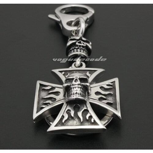 Unique 316L Stainless Steel Flame Skull Mens Biker Rocker Keychain 6R002KC-3P3