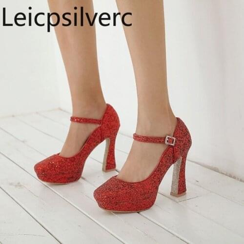 Pumps Spring and autumn New fashion Round head Shallow mouth Buckle Sequin Thick heel High heel Womens shoes plus size 32-43