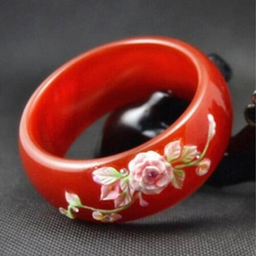 58-63 mm Genuine Natural Red Agate Woman Bangle with Flower Wide Retro Bracelet