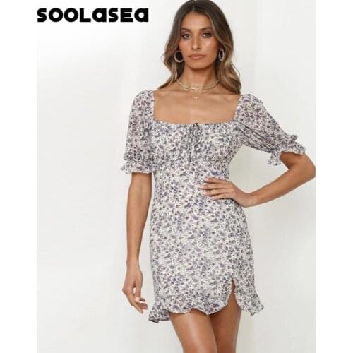 Soolasea 2021 Summer Boho Printed Mini Dress Women Squared Collar Holiday Beach Dresses Short Sleeve Ruffled Dress Vestidos