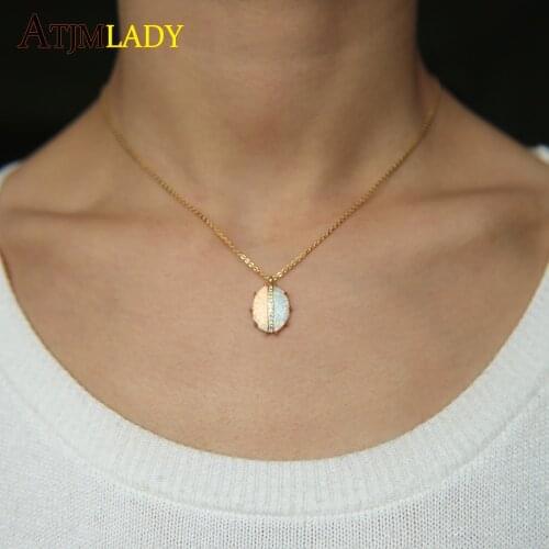New Oval Big Opal Pendant Necklaces For Women Fashion Lady Cubic Zirconia white fire opal cute charm delicate simple necklace