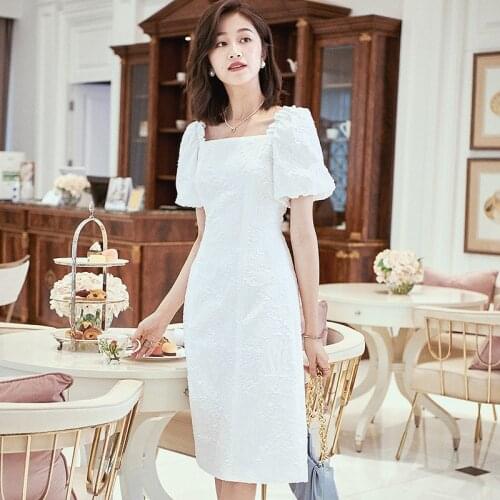 2021 Japan Style Summer Straight Dress Square Collar Office Lady White Pencil Dresses Short Sleeve Party Evening Women Clothing