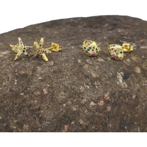 Gold Filled Starfish Stud Earrings for Women Party Gifts Beach Sea Series Jewelry CZ Zircon Stone Conch Seashell Earrings Stud