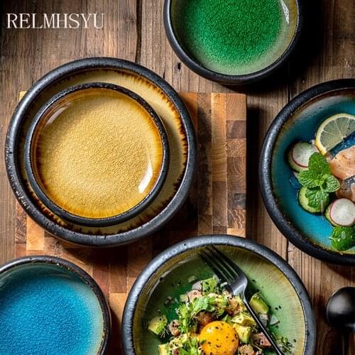 1PC RELMHSYU Ceramic Round Creative Kiln Ice Cracked Glaze Dish Japanese Style Sushi Sashimi Salad Dinner Plate Tableware