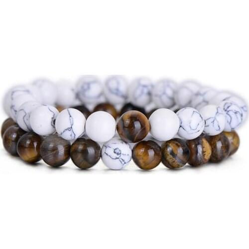 2 Pcs/set Fashion Couple Tiger Eye Stone Bracelets Bangles Classic Black White Natural Lava Stones Charm Bead Bracelet Women Men