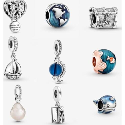 2021 Summer 100% 925 Sterling Silver Beads Blue Globe Clip Charm,Chest of Treasure Charm,Sail Boat Dangle Charm