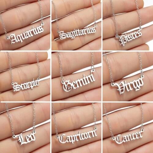 2020 New Constellation Zodiac Necklaces Jewelry for Women Stainless Steel Old English Letter Taurus Aries Necklace Collier femme