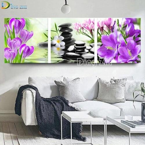 3 Pieces Flower Hot Spring Stone Wall Art Diamond Paintings Full Square/Round Triptych Diamond Embroidery Salon Modular