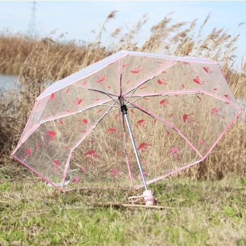 Flamingo Automatic Transparent Umbrella Three-folding Women Umbrella windproof Parasol 2020 fashion Anti-UV Waterproof