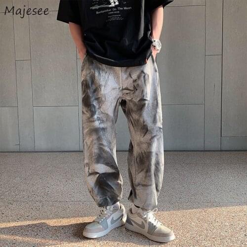 Casual Pants Men Streetwear Fashion Drawstring Tie Dye Letter Hip Hop Korean Style Male Trousers Daily Simple Chic All-match