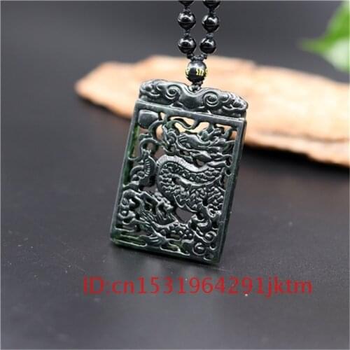 Obsidian Dragon Double-Sided Jade Charm Men Carved Jewelry Green Pendant Accessories Gifts Chinese Black Natural Amulet Necklace