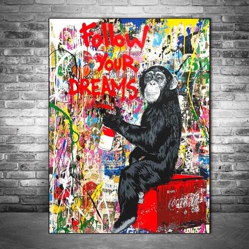 Graffiti Orangutan Monkey Chimp Follow Your Dreams Art Canvas Print Painting Gorilla Animal Wall Picture Home Decoration Poster